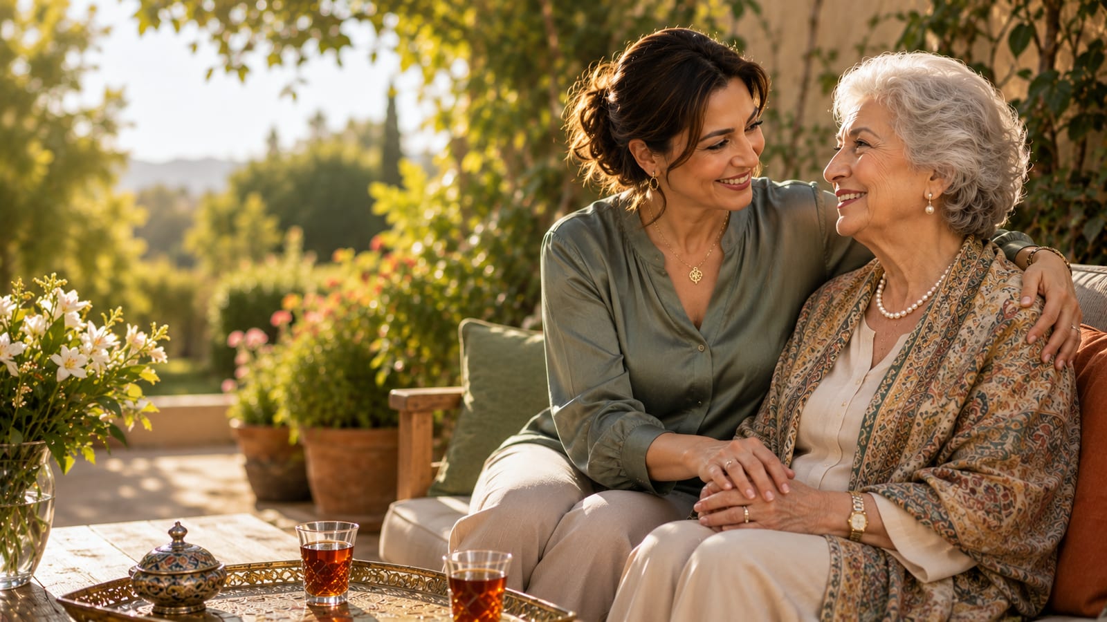 A Farsi-speaking caregiver and an elderly Persian woman holding hands and smiling together over glasses of Persian tea on a sunlit garden patio